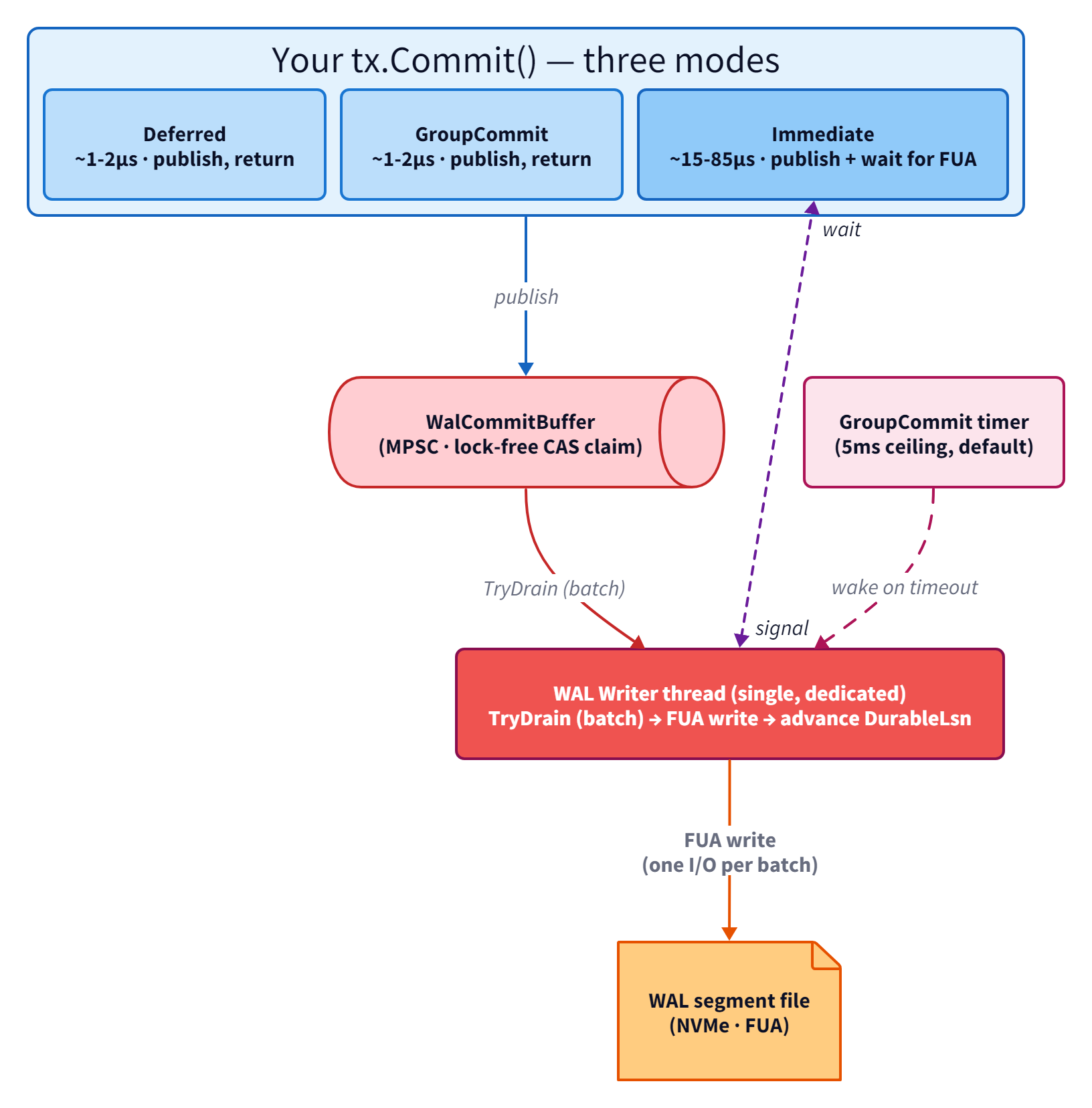 Three durability modes converging on one WAL Writer — Deferred, GroupCommit, and Immediate producers all publish to the same MPSC ring buffer; only Immediate also signals the writer and waits for DurableLsn to advance past its LSN; the GroupCommit timer wakes the writer on a 5ms ceiling; one writer thread, one segment file, one FUA write per drained batch